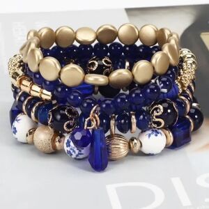 4 Boho Blue & Gold Stackable bracelets